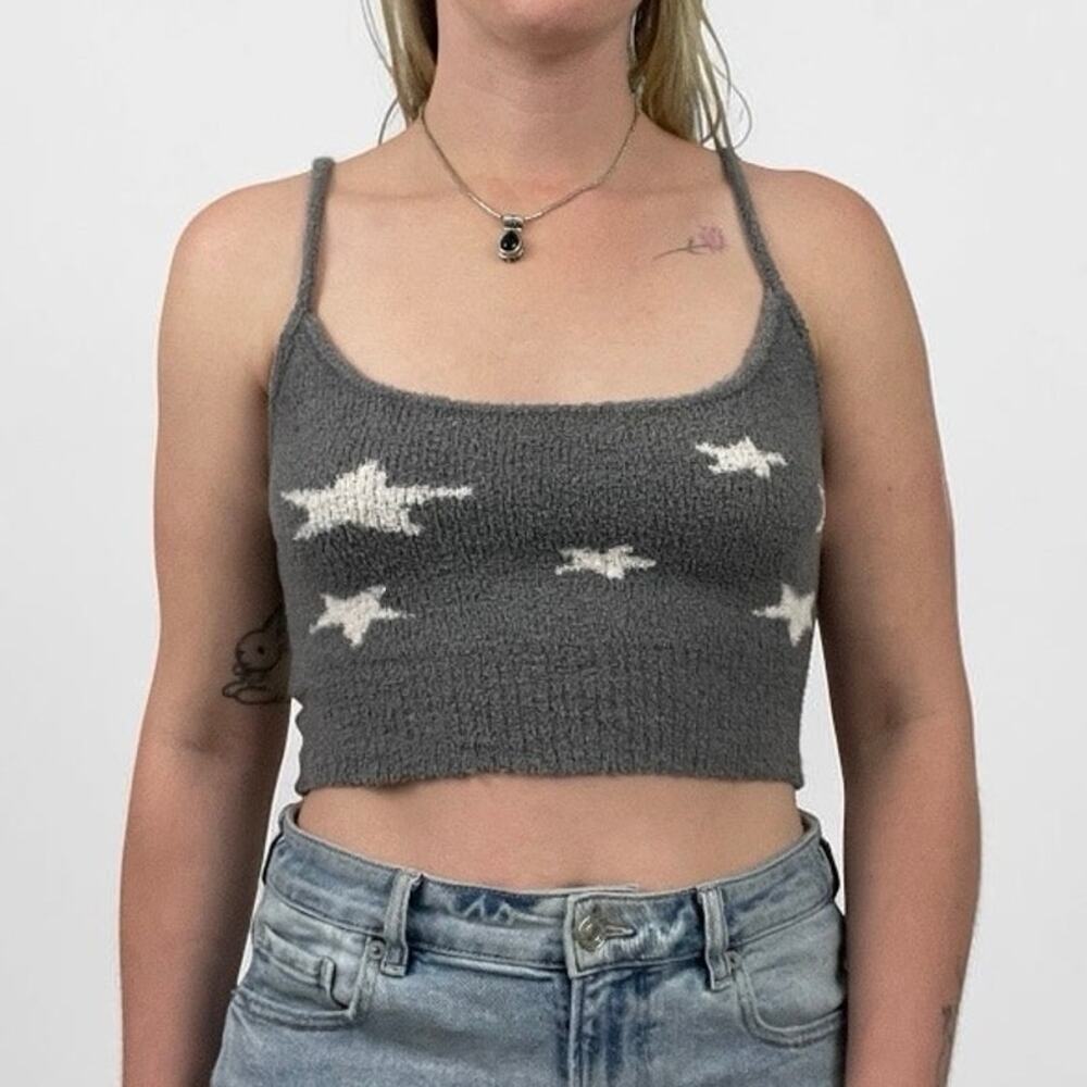 Nue Garage Fuzzy Grey & White Star Print Cropped Knit Tank Top
